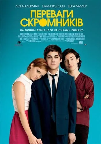 Український постер фільму «Переваги скромників»: Сем, Чарлі й Патрік стоять поруч на бірюзовому тлі